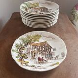 Set of 12 flat plates in Gien earthenware, Ludlow model, chic countryside dining.