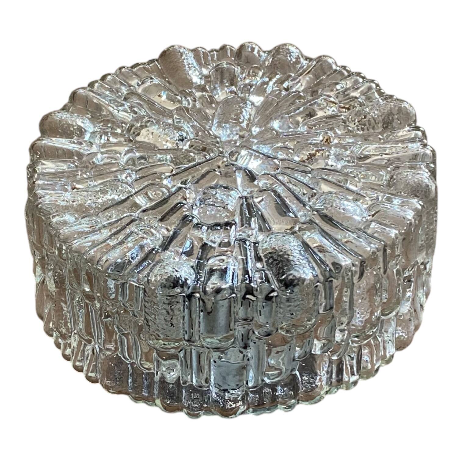 Round wall-mounted ceiling light, transparent moulded glass, vintage fixture.
