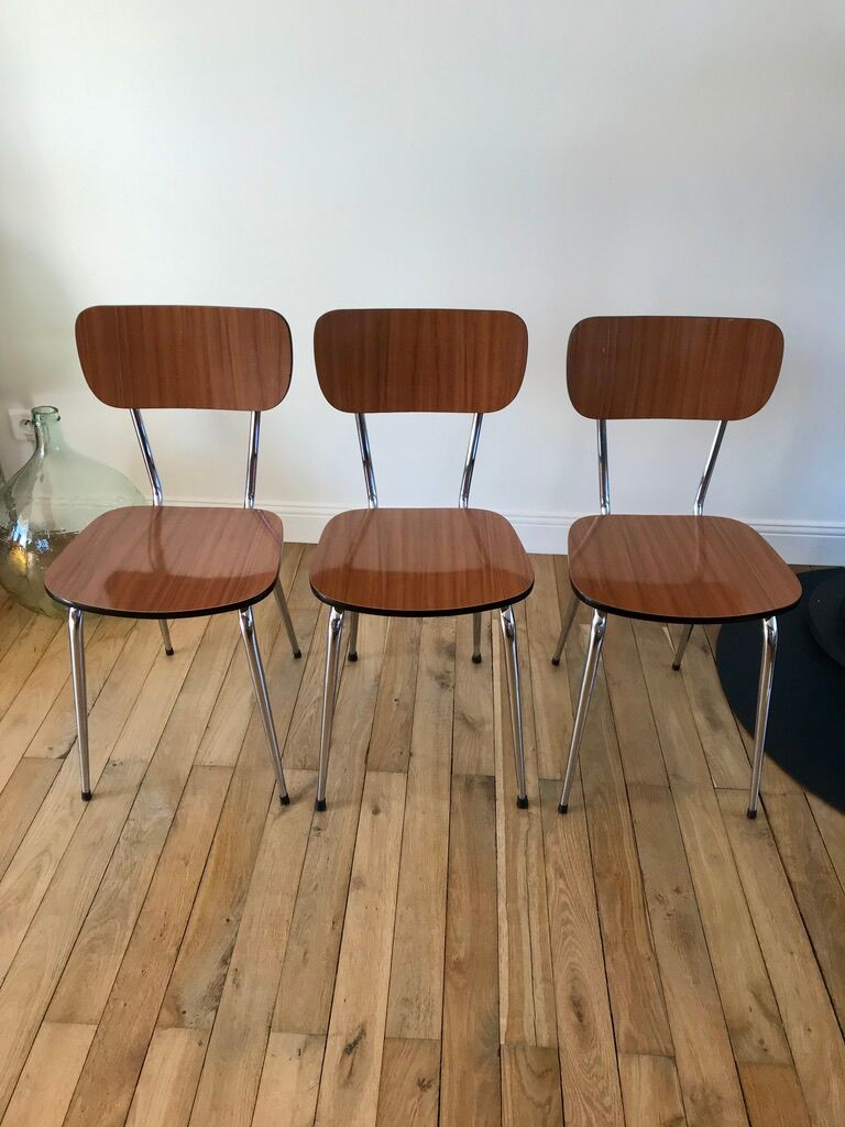 Trio of brown formica chairs 70s