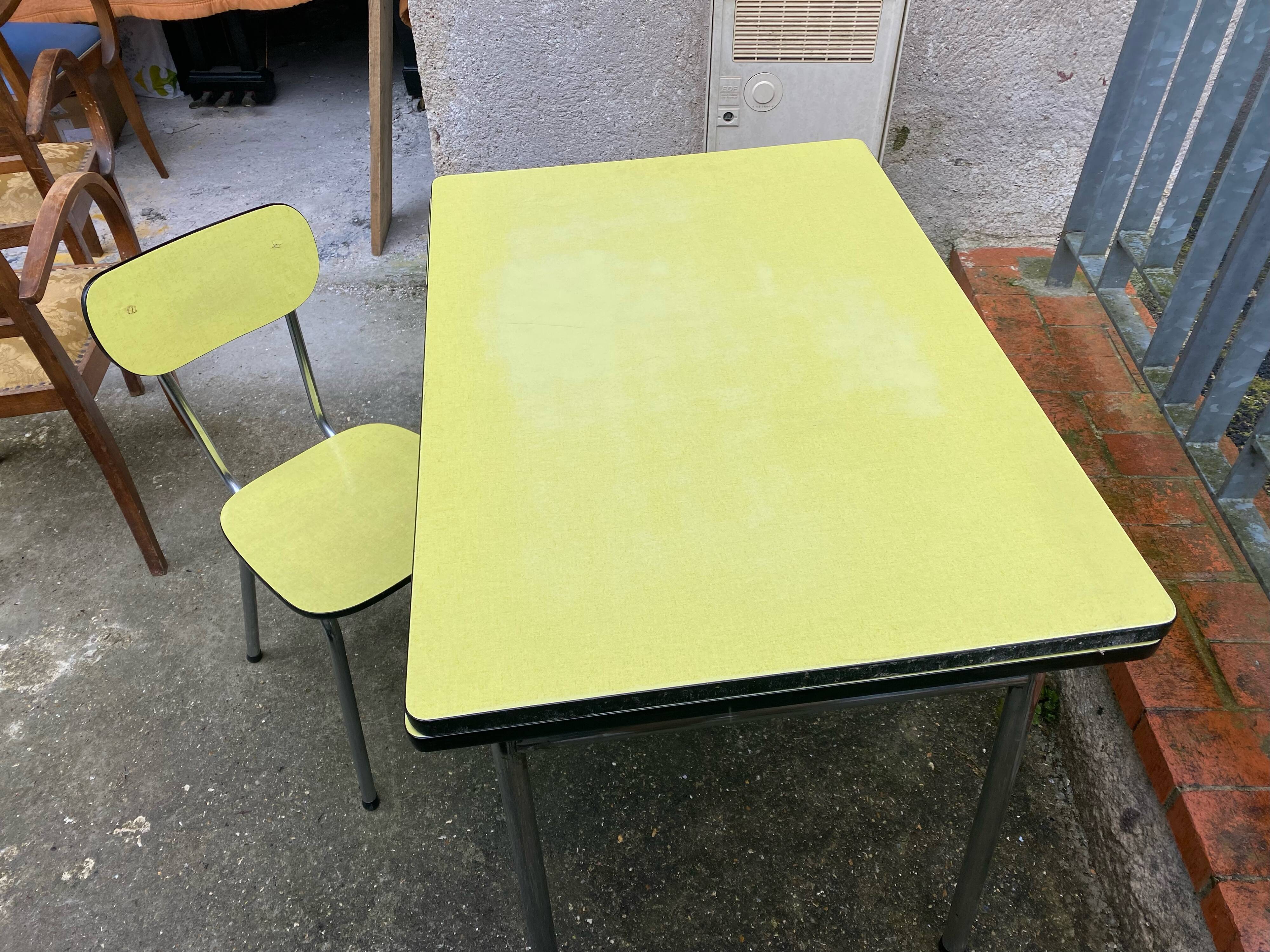 Bright yellow formica vintage table and chair
