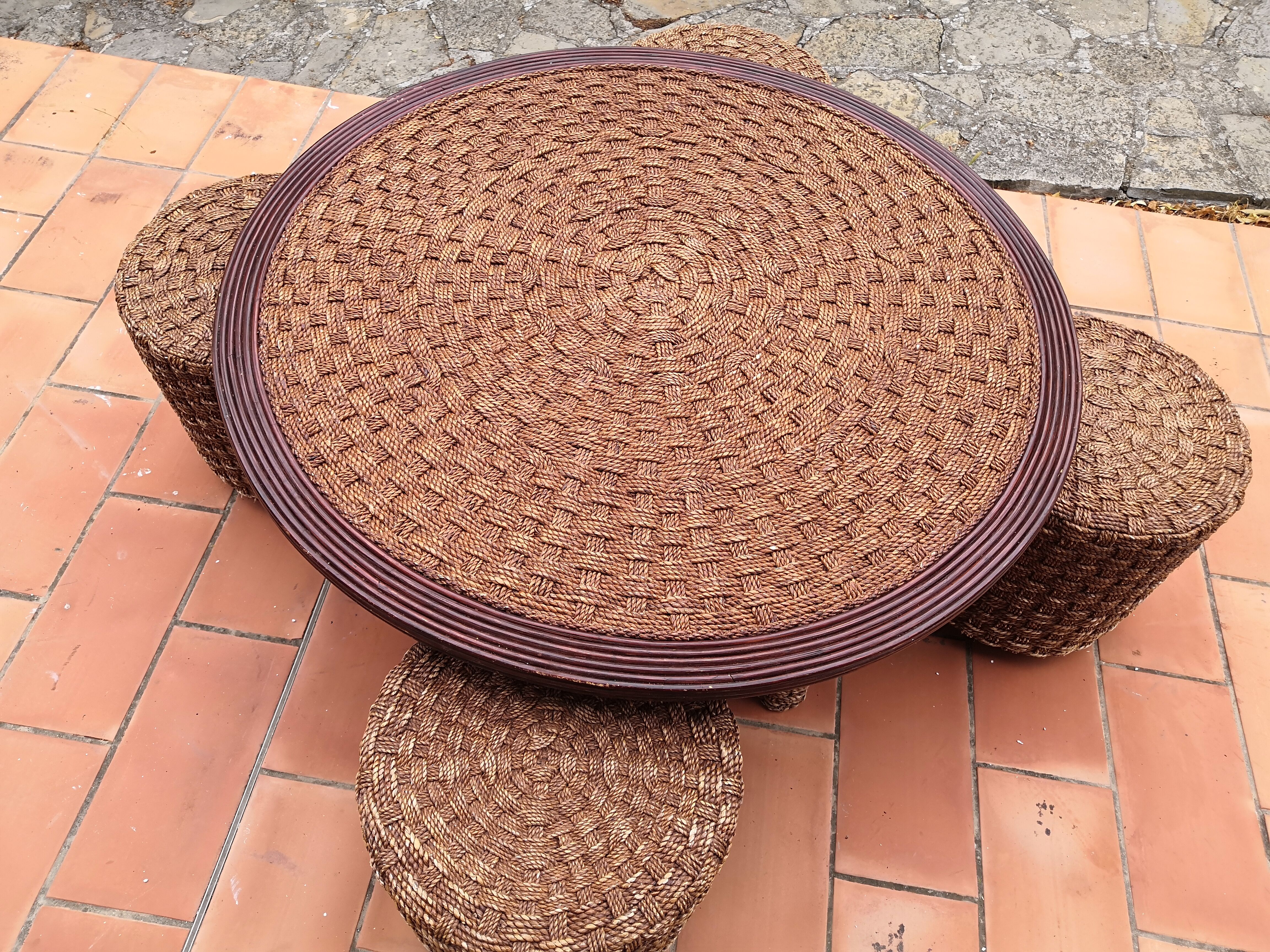 Living room set, vintage rope coffee table with 4 stools 1950