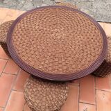 Living room set, vintage rope coffee table with 4 stools 1950