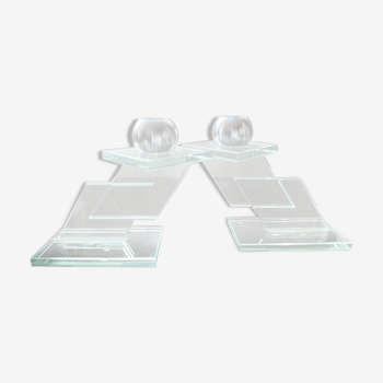 Pair of designer candle holders in tempered glass and aluminum