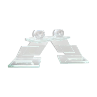 Pair of designer candle holders in tempered glass and aluminum