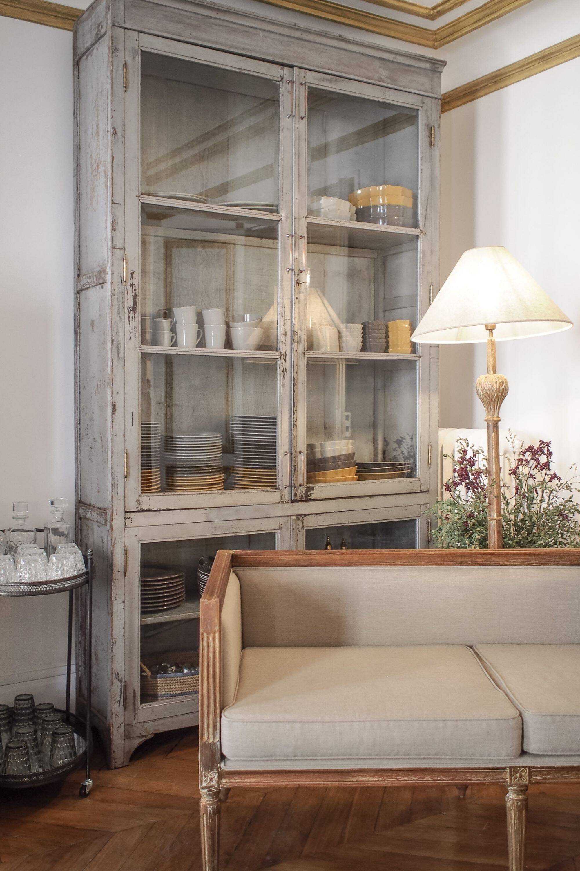 Three-seater bench in patinated wood & natural linen — timeless elegance