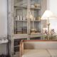 Three-seater bench in patinated wood & natural linen — timeless elegance