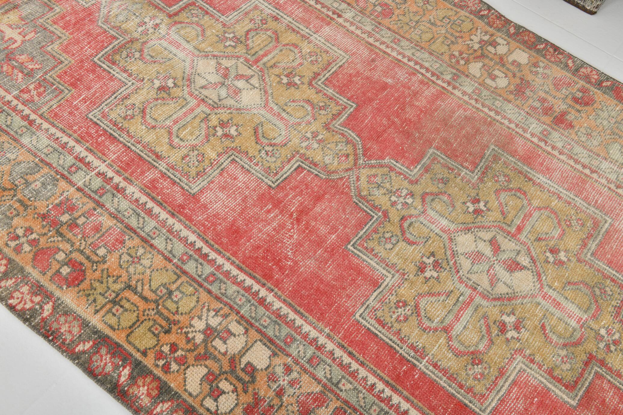 Turkish Light Yellow & Red Vintage Rug, 135x253Cm