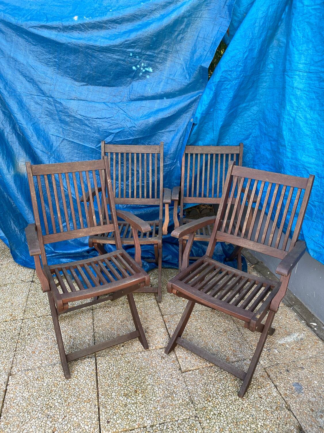 Set of 4 folding chairs/armchairs with armrests in exotic wood