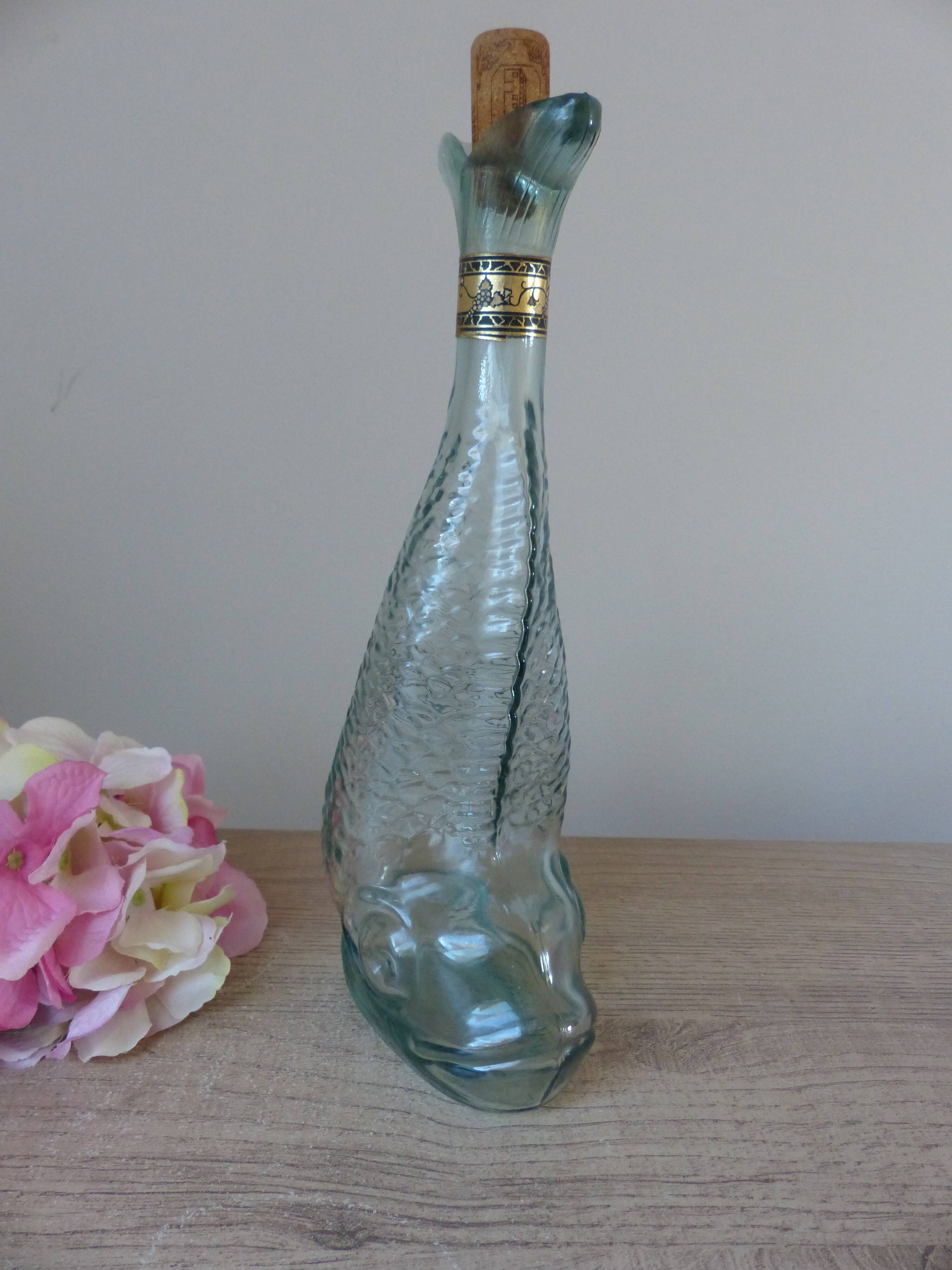 Vintage Italian glass fish bottle 75 cl, seaside decor 1970.