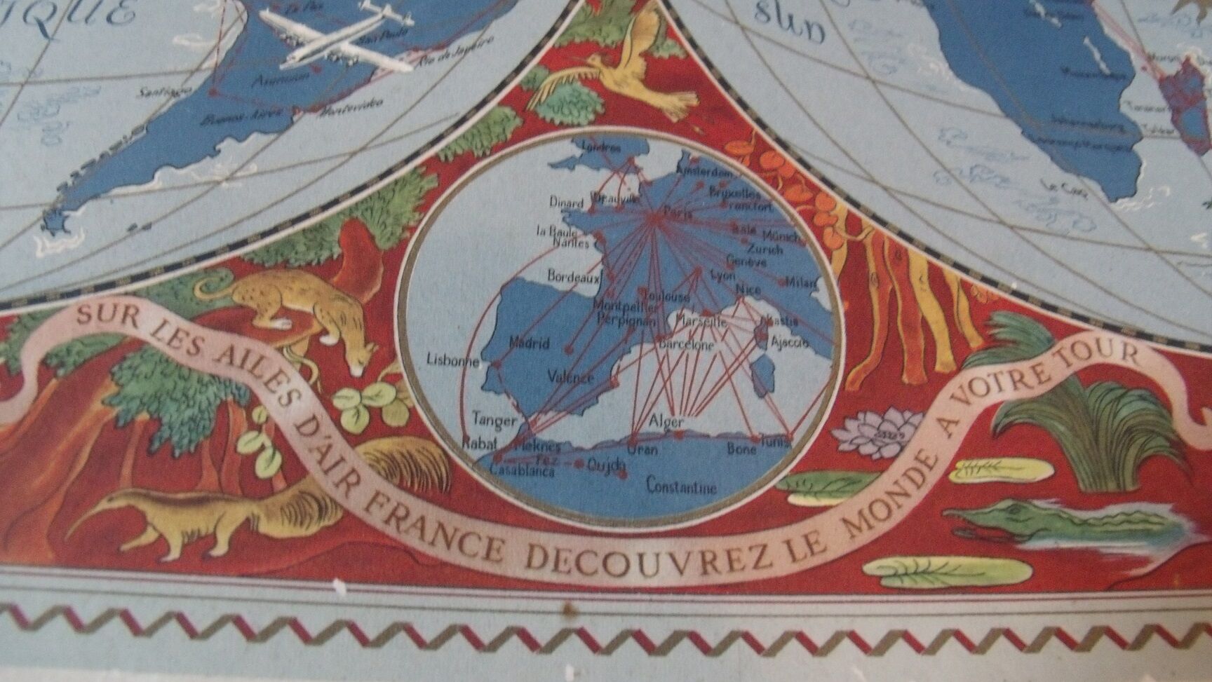 Old card Air France 1950 shown by Lucien Boucher planisphere