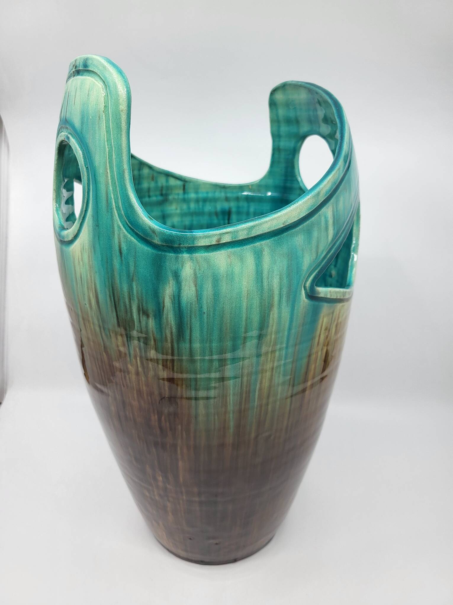 Vase Accolay signé J C en céramique Marron, Bleu France Vintage Design 1960