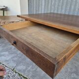 Antique rustic farmhouse table in solid oak with one drawer - 1m15