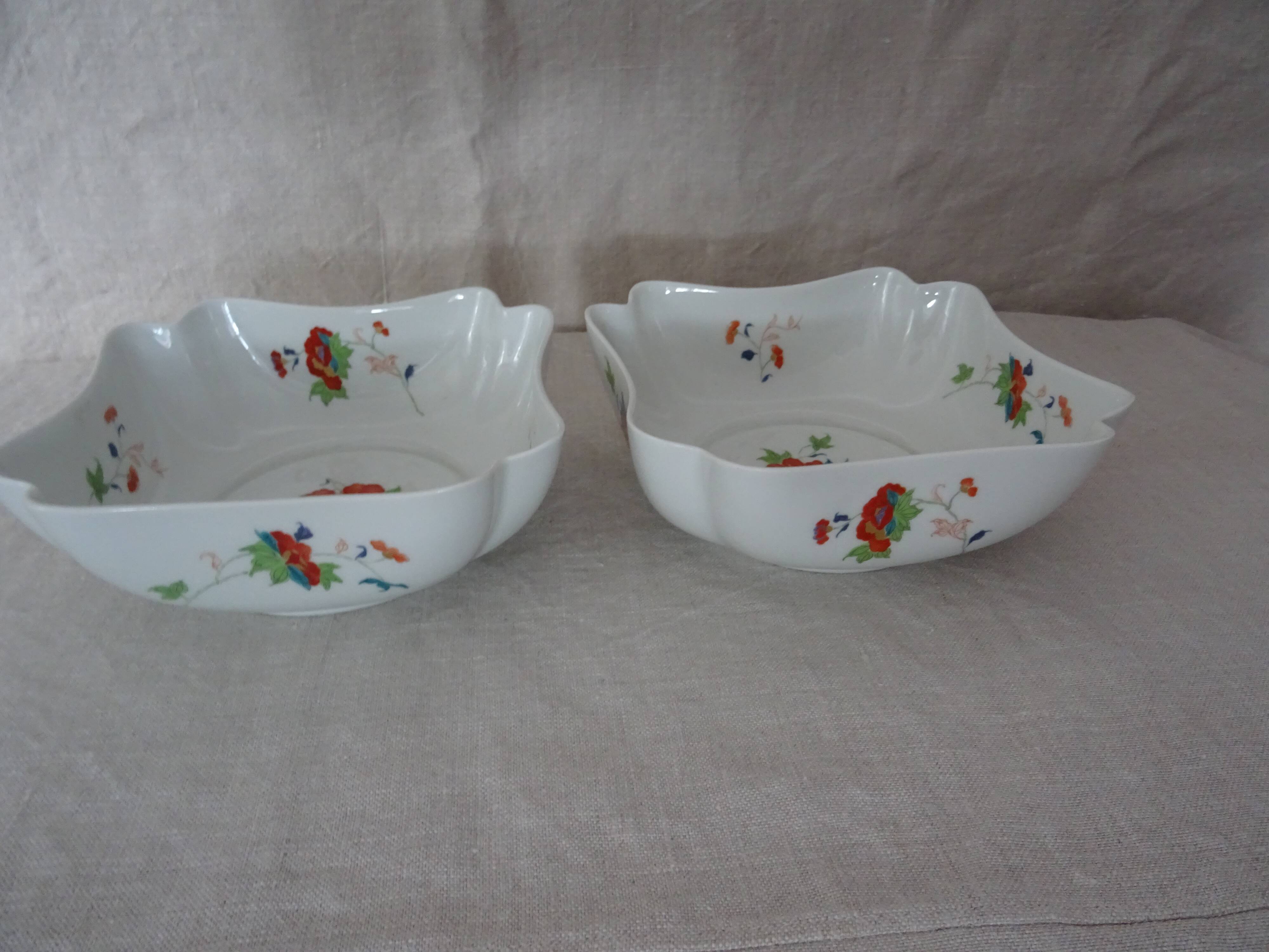 2 salad bowls jattes porcelain Limoges Raynaud & cie Japanese decoration enhanced gold