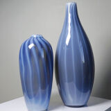Pair of vintage smoky glass vases lined with opaline, Murano bubble glass.