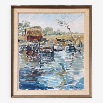 1971 Mid-Century Modern "Boathouse", Vintage Swedish Framed Oil Painting
