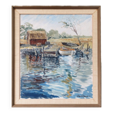 1971 Mid-Century Modern "Boathouse", Vintage Swedish Framed Oil Painting
