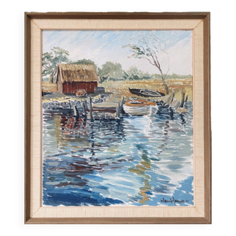 1971 Mid-Century Modern "Boathouse", Vintage Swedish Framed Oil Painting