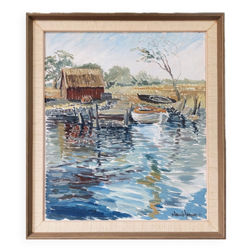 1971 Mid-Century Modern "Boathouse", Vintage Swedish Framed Oil Painting