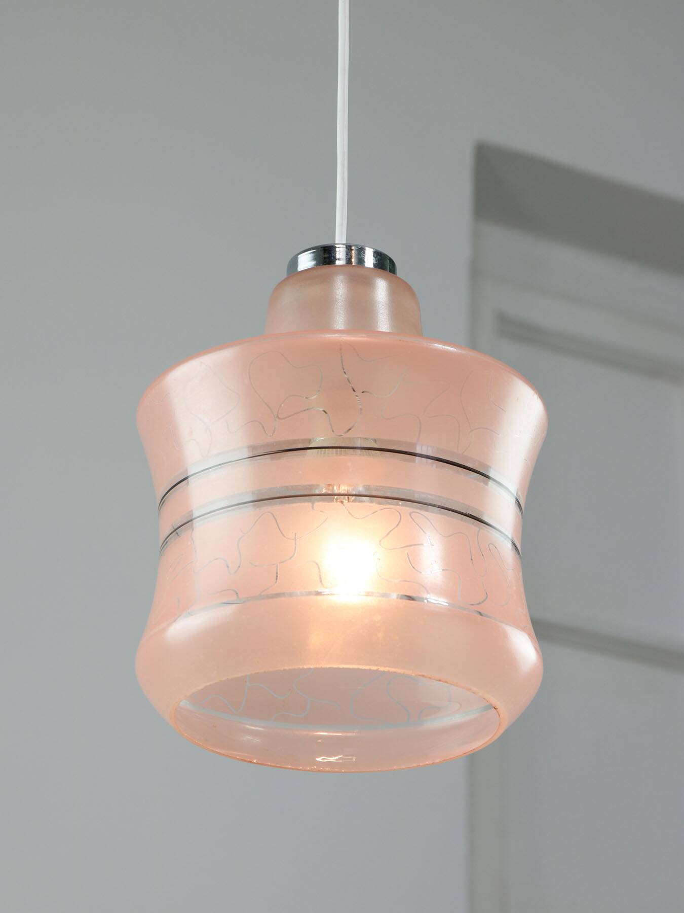 Vintage Italian Chrome and Pink Glass Pendant Lamp