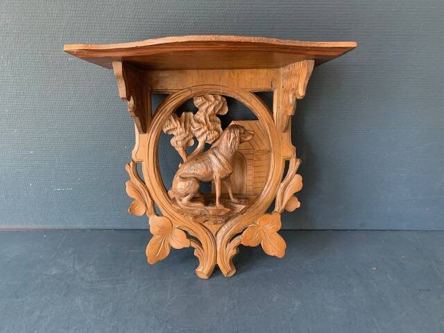 Black Forest carved wooden wall console, dog decor, folk art circa 1900
