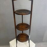 Vintage 3-tier cake stand in dark wood, 1920s serving display.