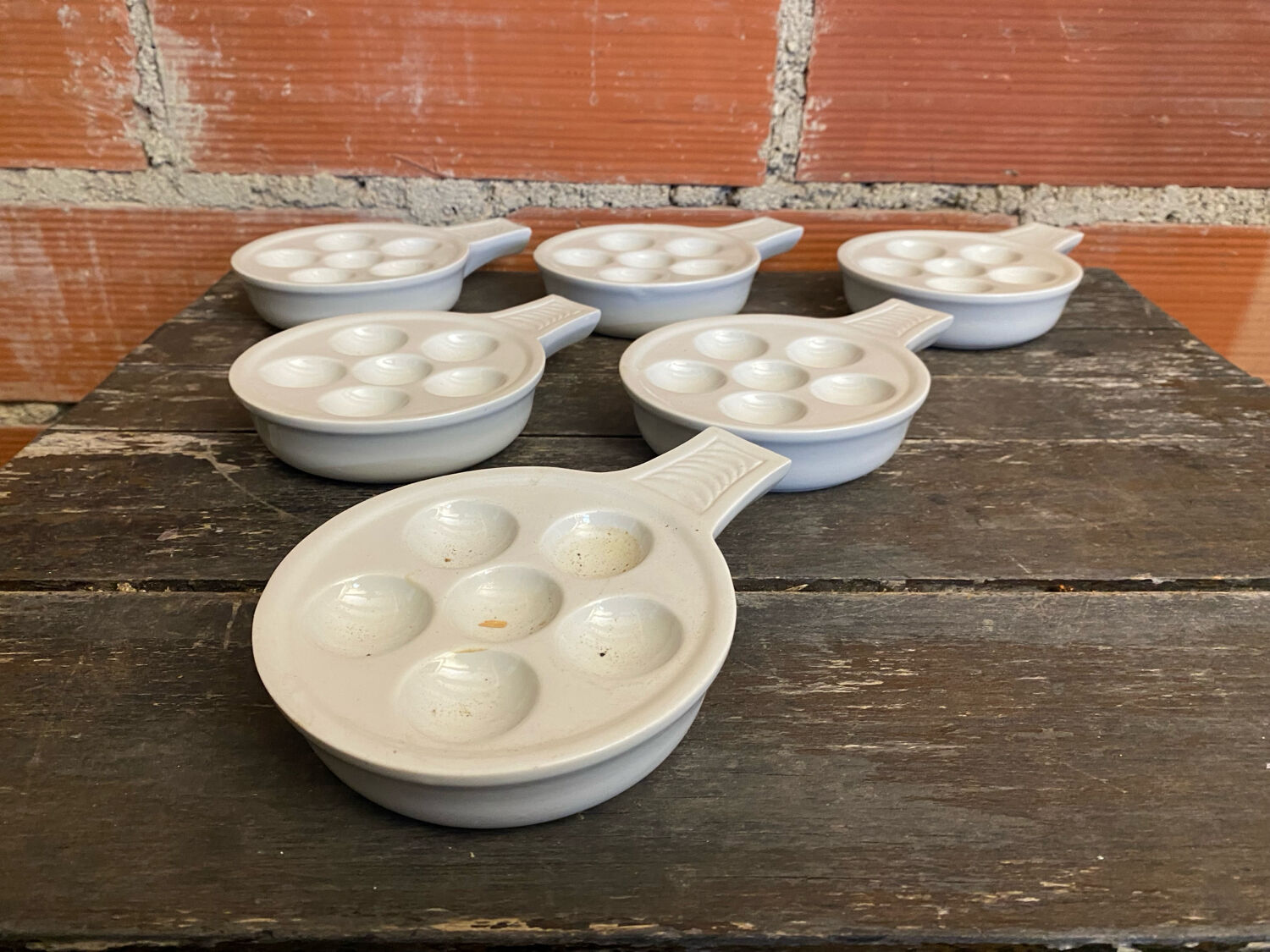 Set of 6 White Vintage Ceramic Escargot Dishes #D854