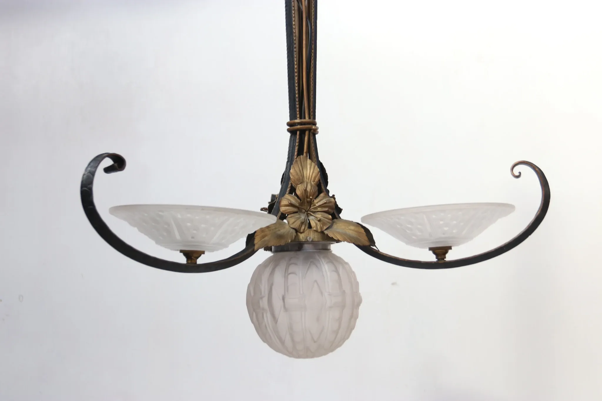 French Art Deco wrought iron pendant lamp, pressed glass, 1920s-30s