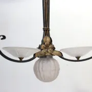 French Art Deco wrought iron pendant lamp, pressed glass, 1920s-30s