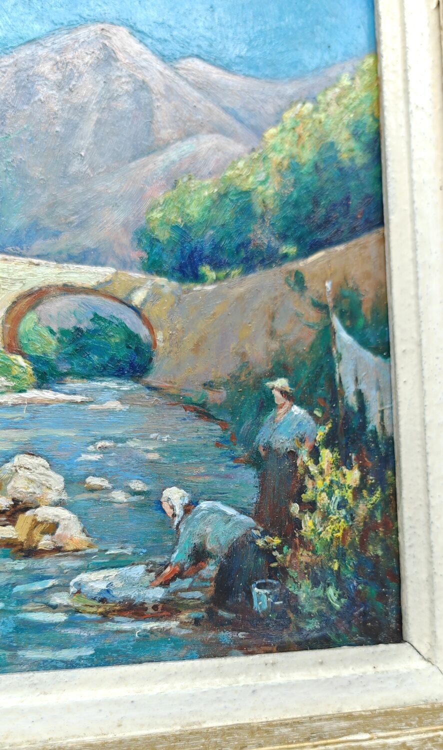 The washerwomen oil on hardboard by Gaston Knecht 1875-1968