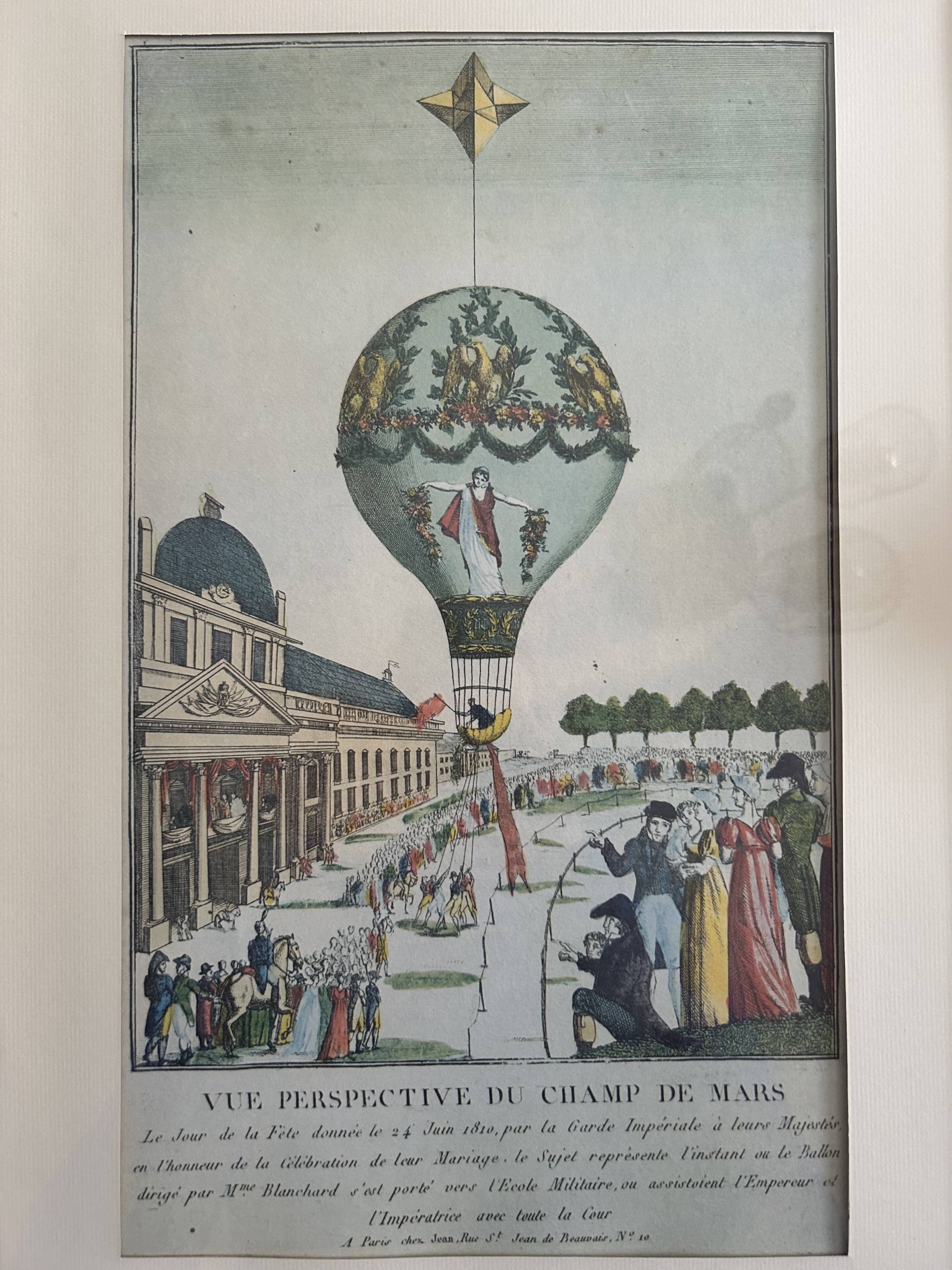 Old engraving – Perspective view of the Champ de Mars – Balloon ascent