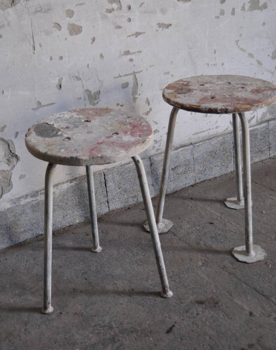 Set of 2 grey workshop stools in wood and metal, 1970s, industrial style.
