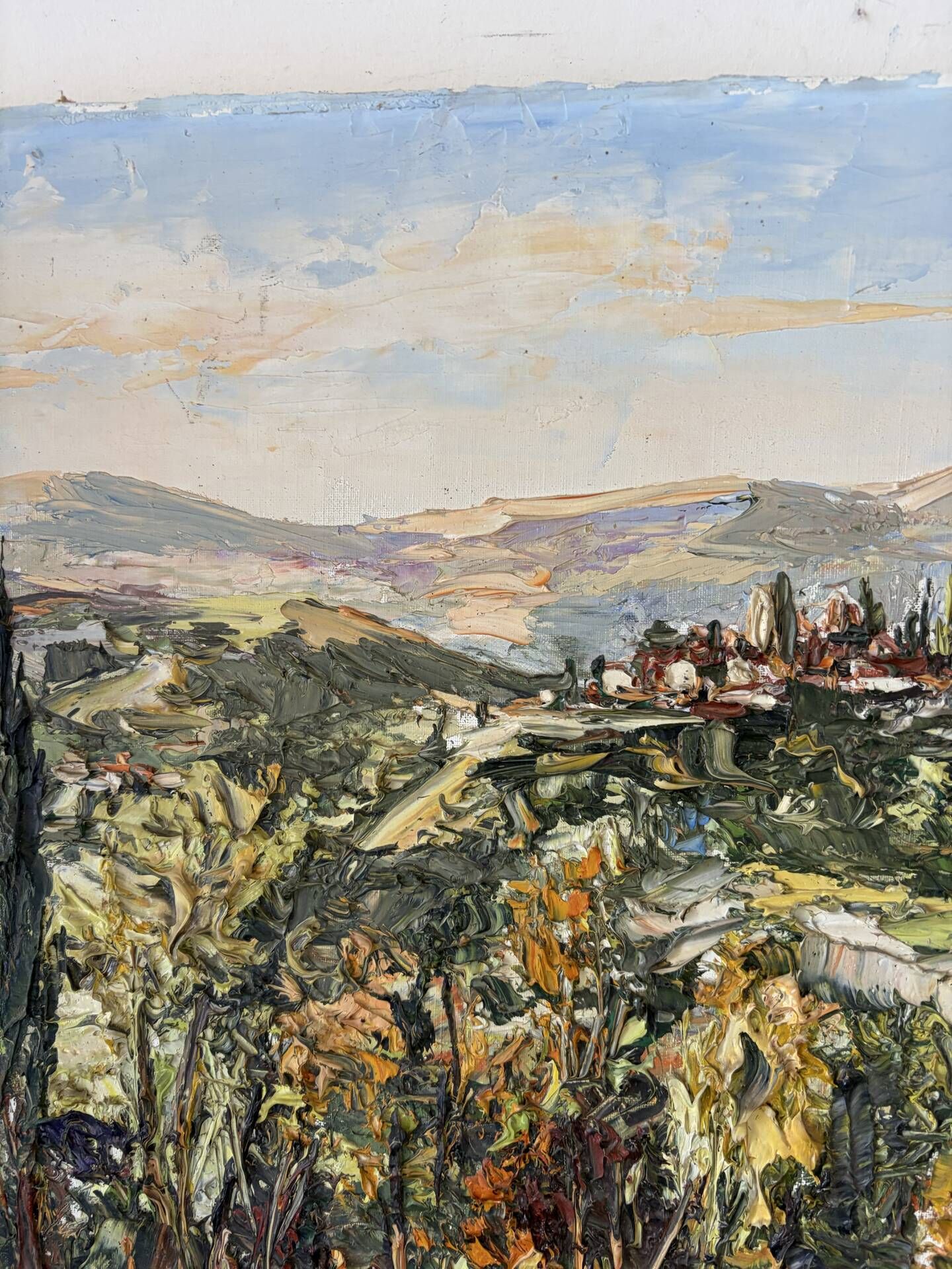 Provençal village landscape, knife oil painting signed René Lechair.