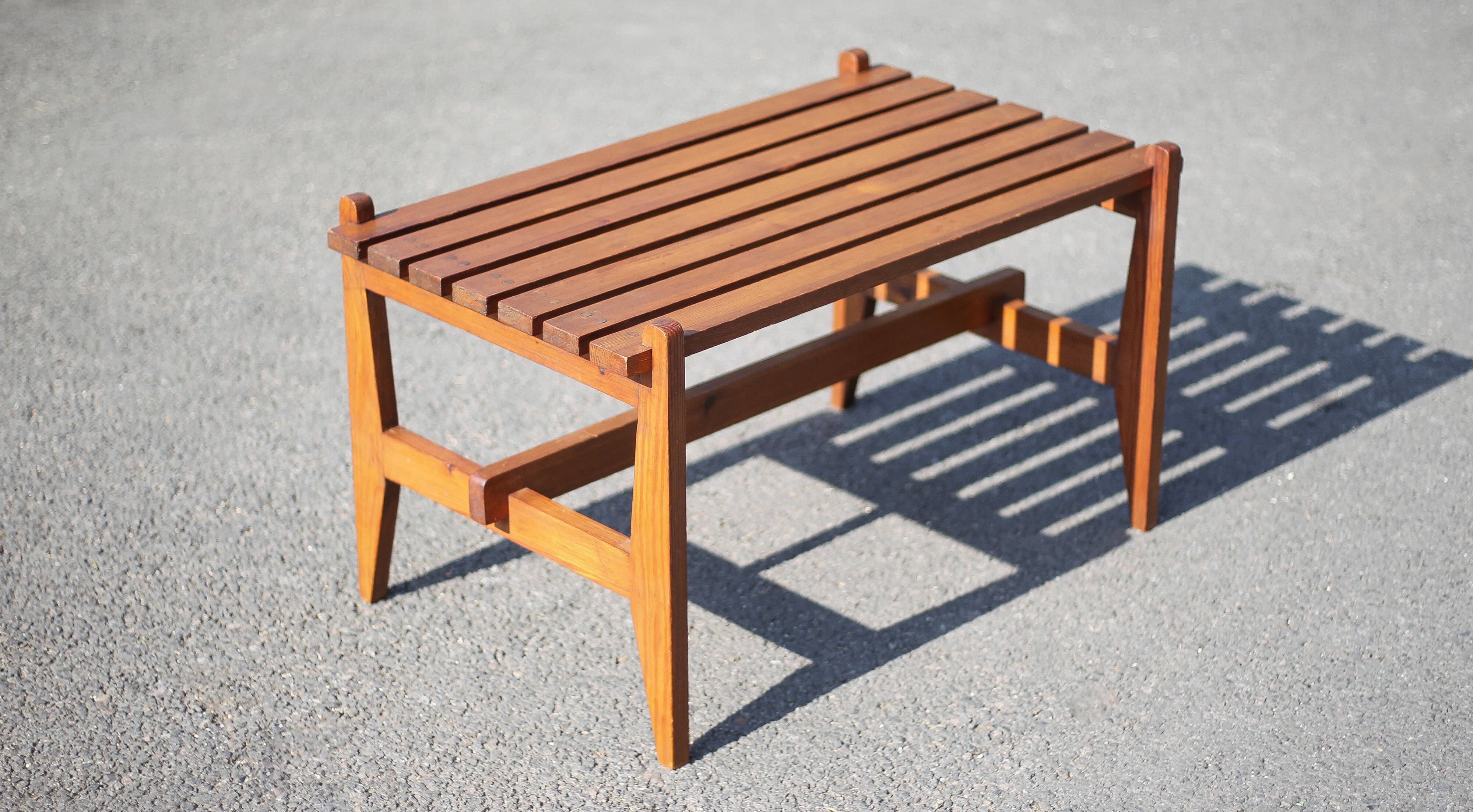 Small bench or table with vintage Scandinavian style wooden slats, wooden bench, wooden coffee table,