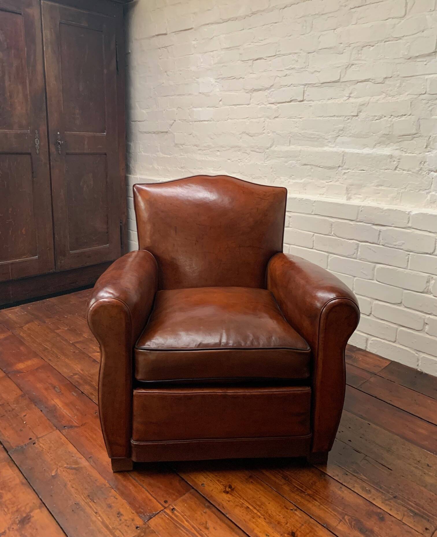 Antique French Leather Club Chair, Moustache Model, Circa 1930’s