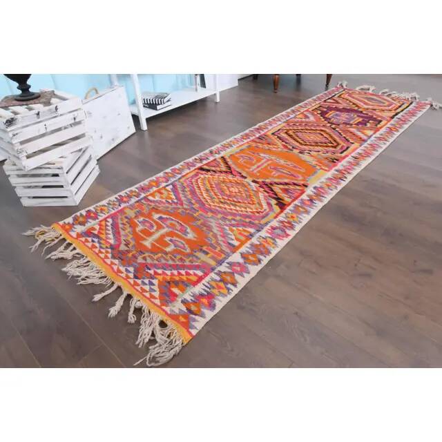 1970s Vintage Turkish Hand-Knotted Wool Cotton Orange Runner Rug 102x330