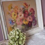 Shabby watercolor frame "Bouquet of zinnias" signed