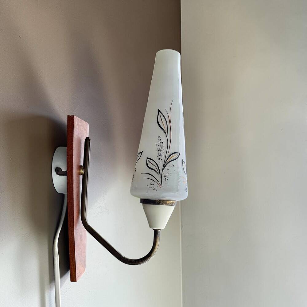 Danish Modern teak opaline glass wall sconce