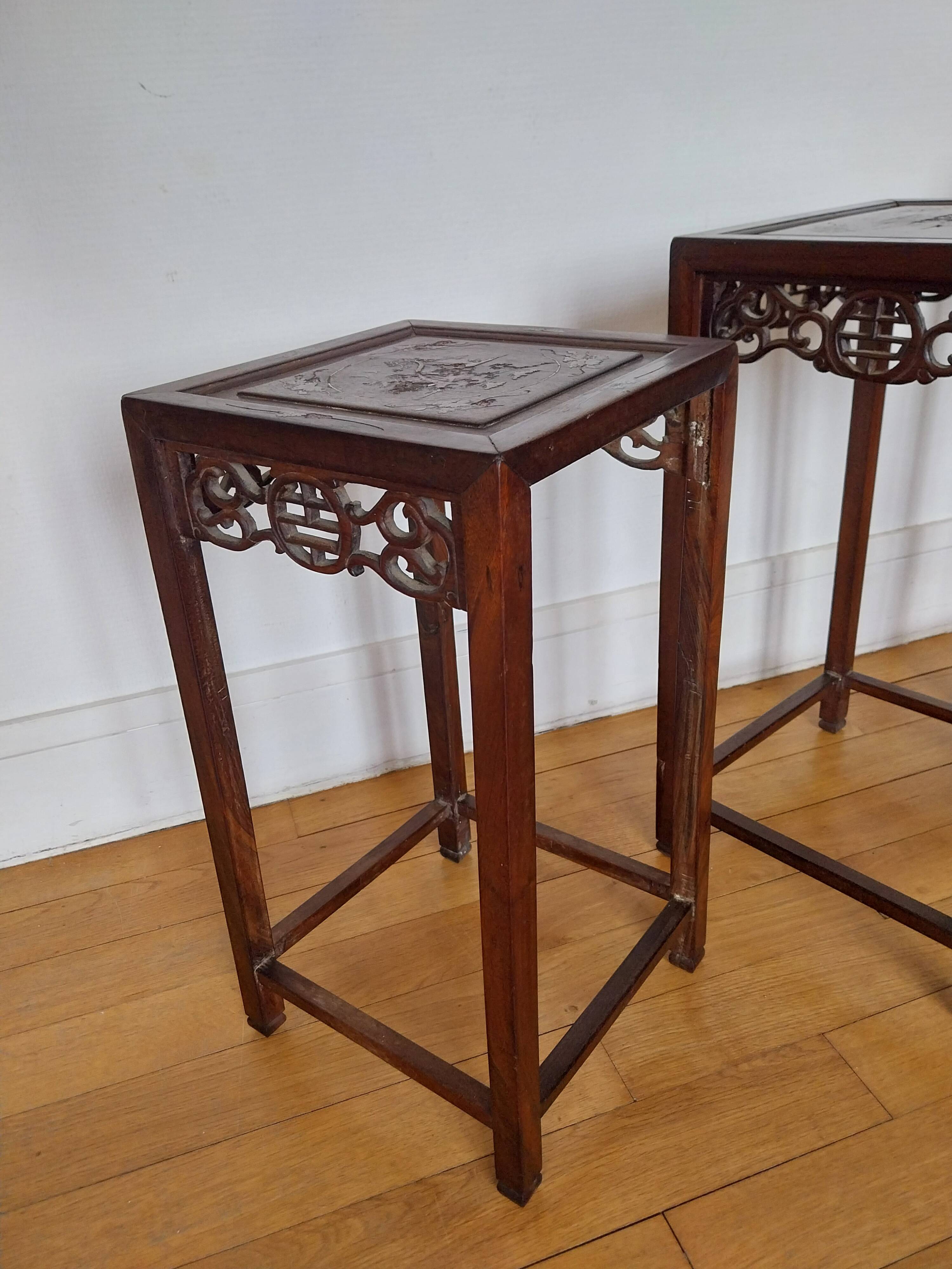 3 Chinese nesting tables in wood and brass.