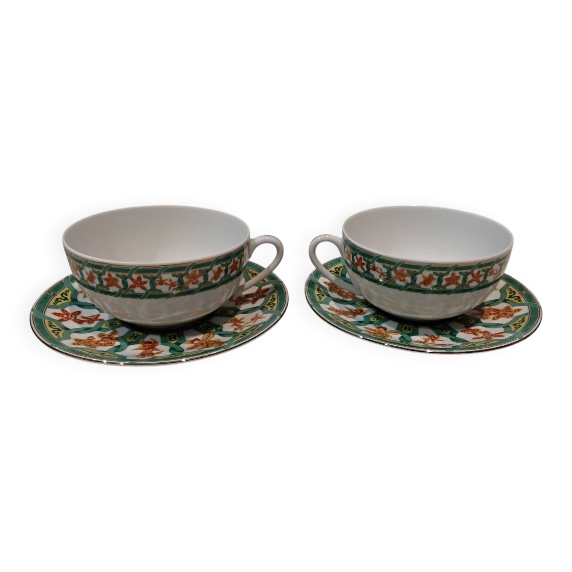 2 breakfast cups, 2 saucers, porcelain Christofle Oceana green.