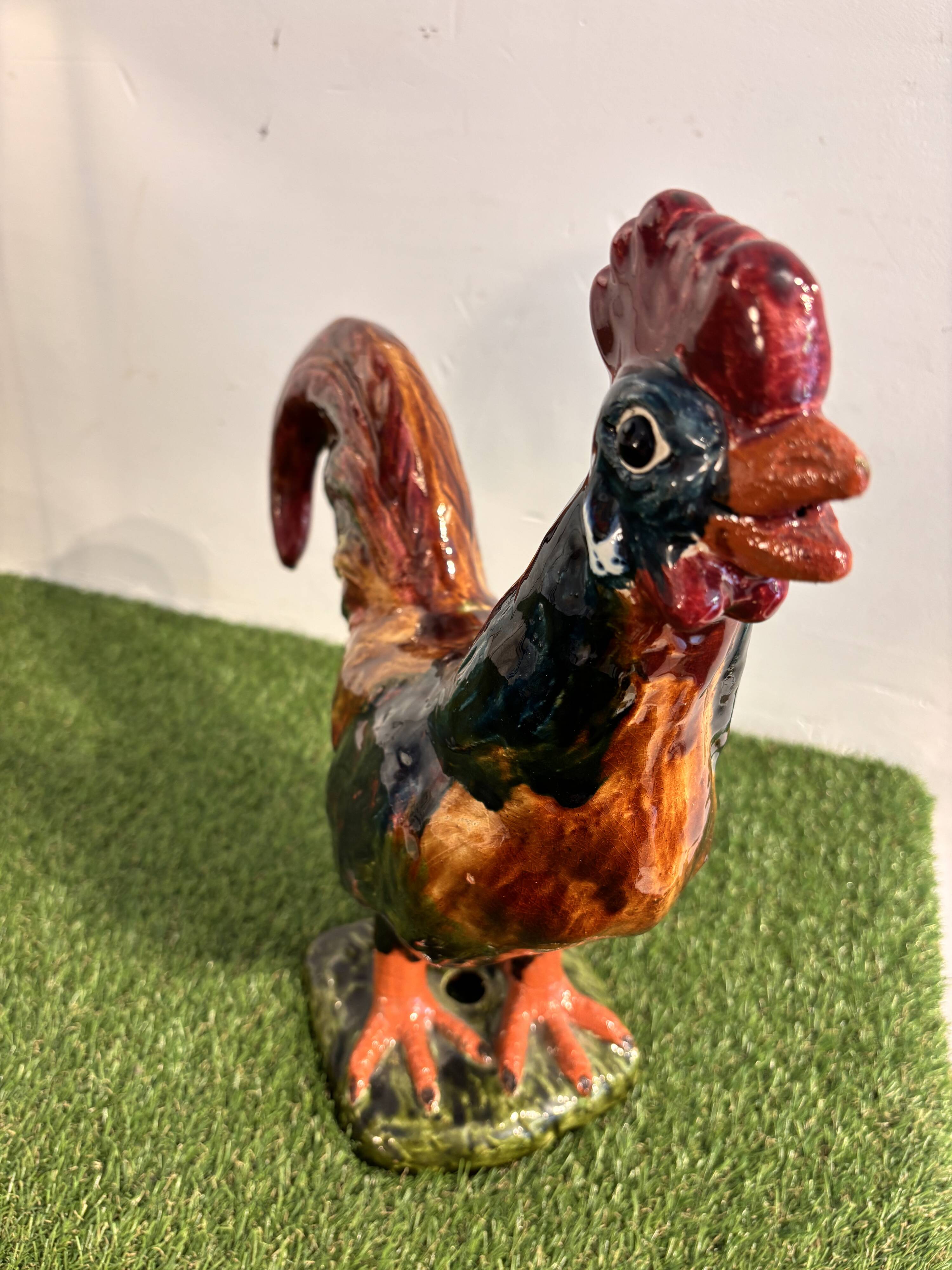 Ceramic sculpture of a rooster from Bavent, glazed terracotta, 1960.