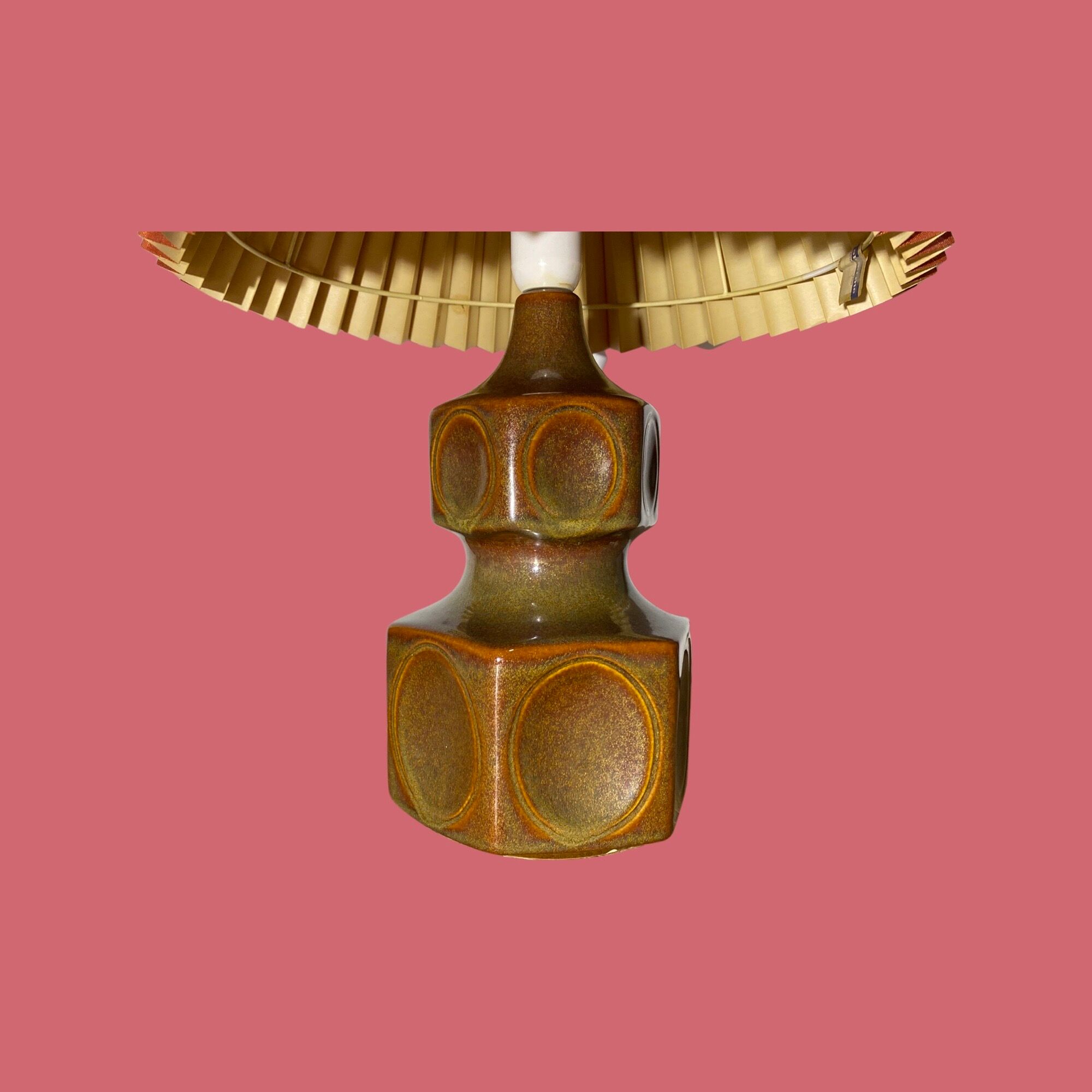 Rare Large Søholm Ceramic Lamp | Brown/green Color With Red Lampshade - Danish Ceramic Lamp