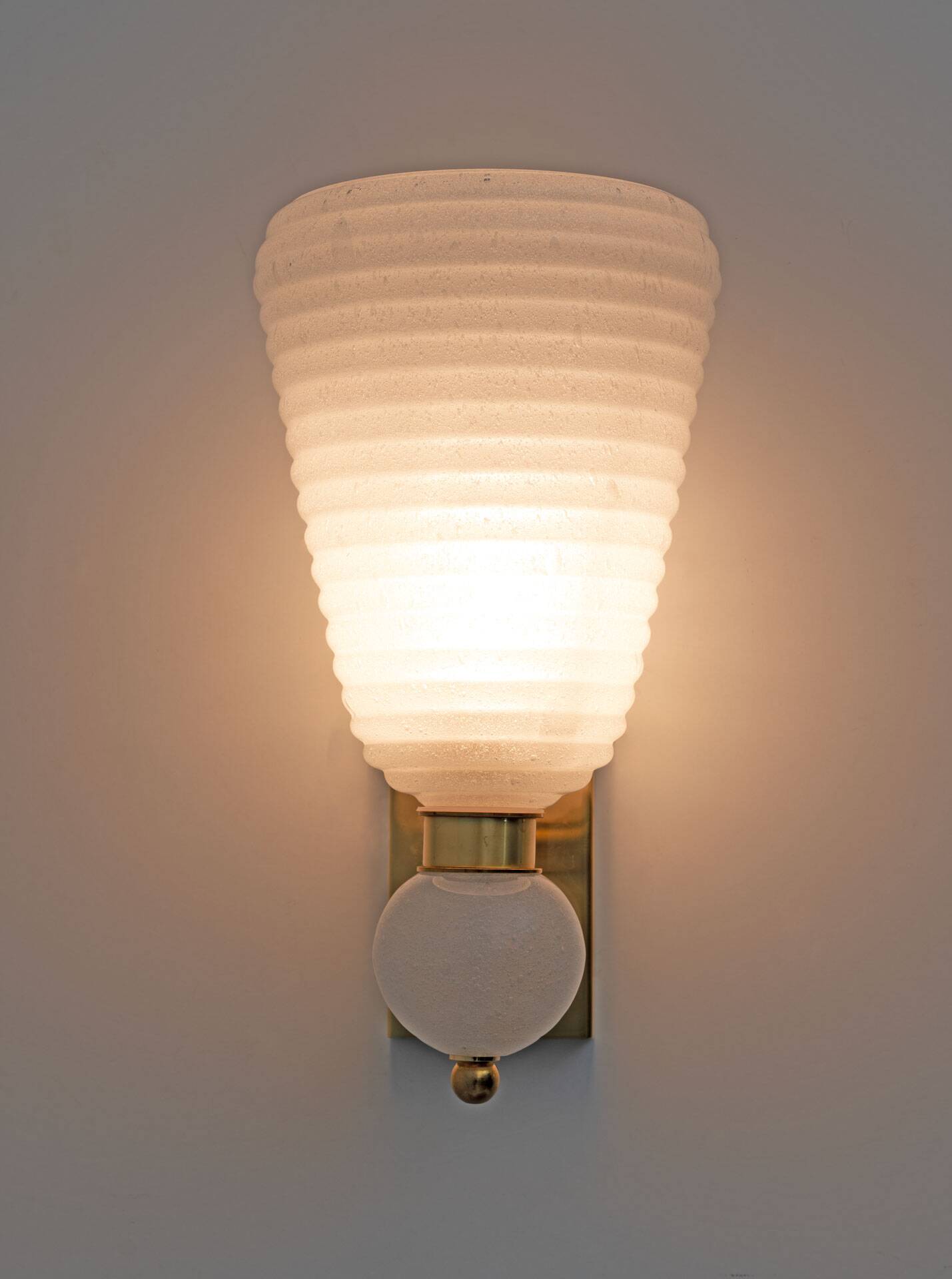 Pair of Mid-century Modern Brass and "Pulegoso" Murano Glass Sconces