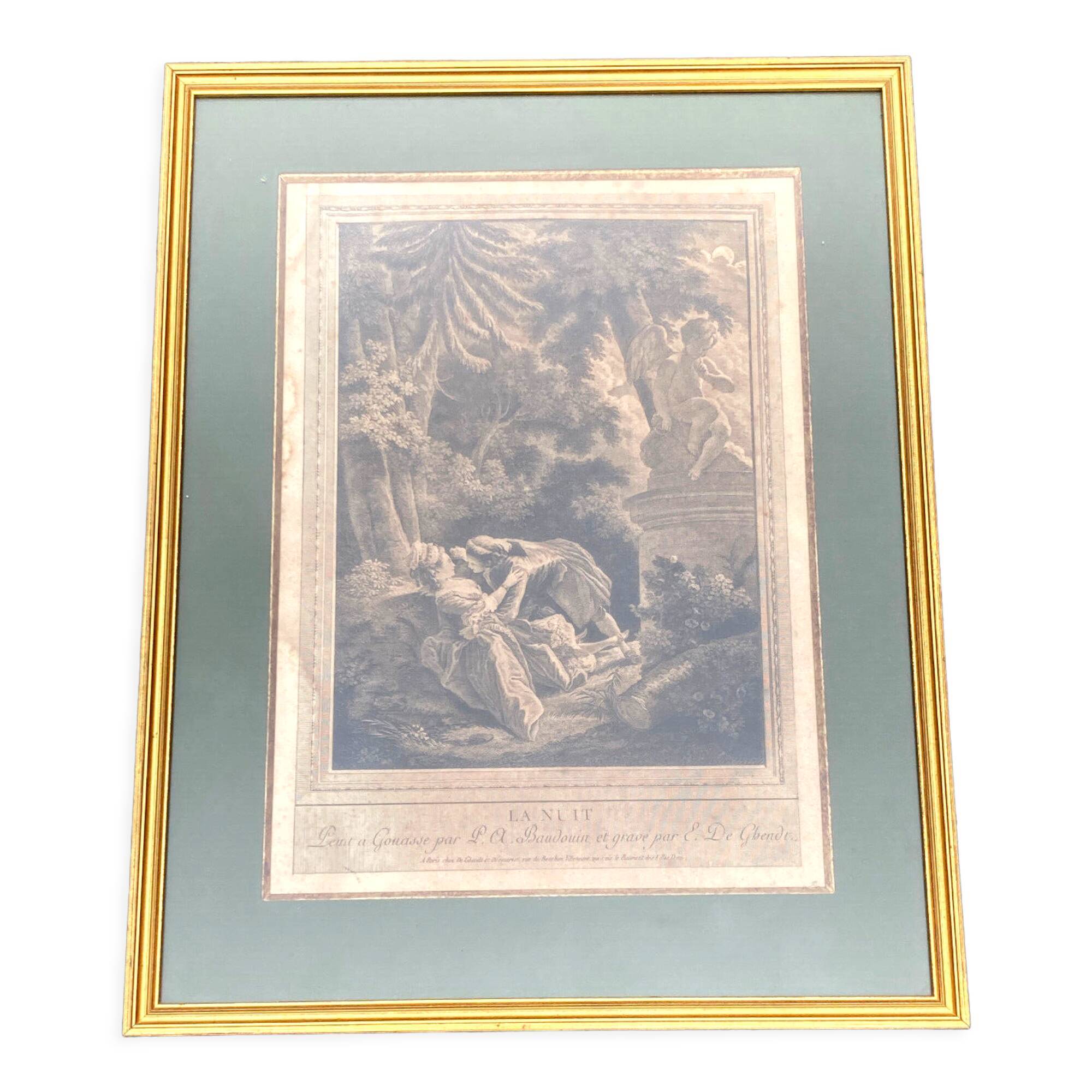 Old engraving, night, gallant scene - golden frame