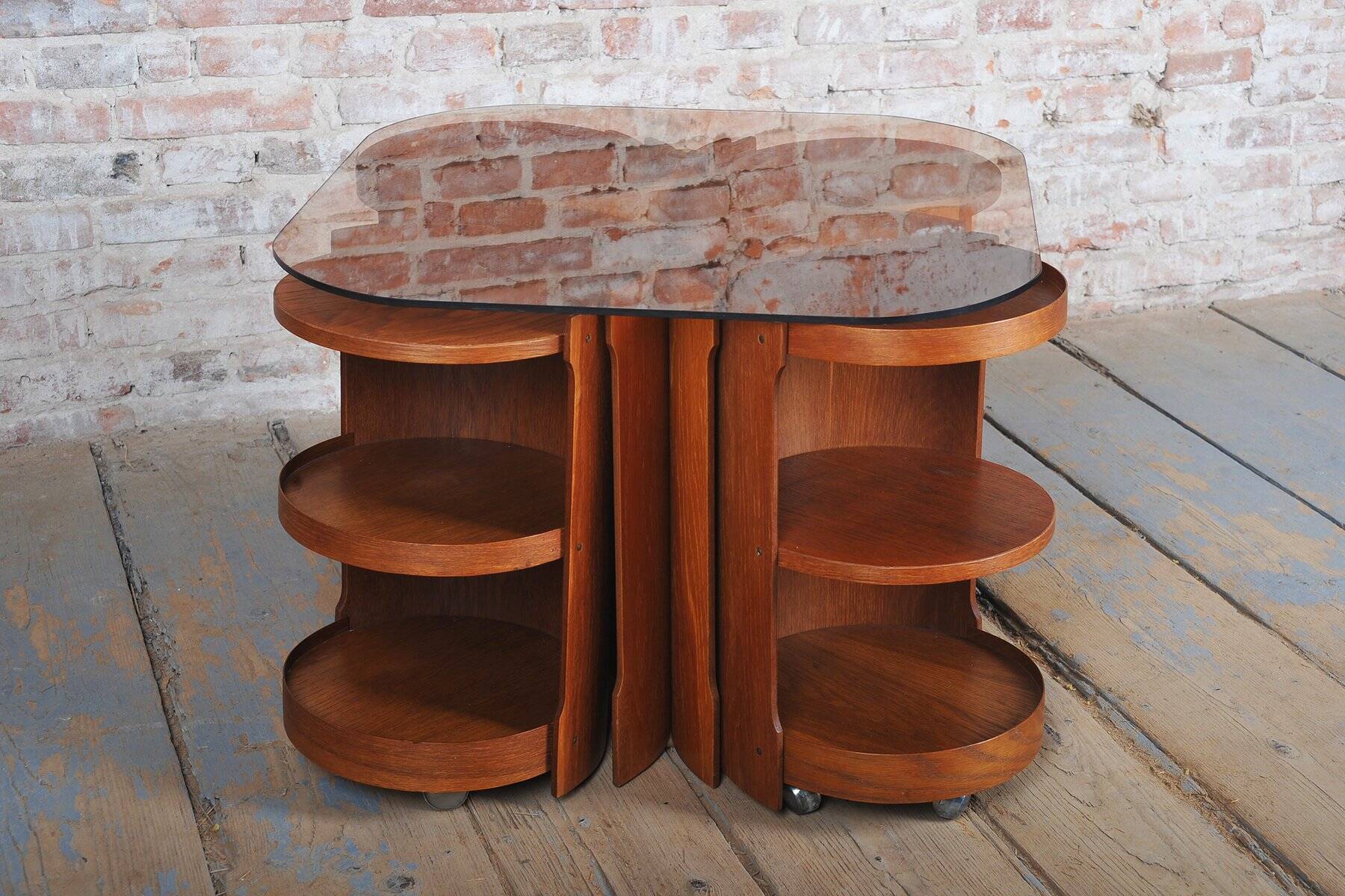 Mid-Century Modern Nesting Table in Oak and Smoked Glass, Czech, 1960s, Set of 5