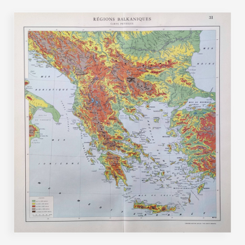 Carte ancienne régions Balkaniques Grèce Crète 43x43cm de 1950