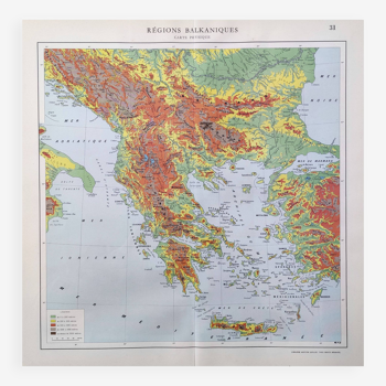 Old map Balkan regions Greece Crete 43x43cm from 1950