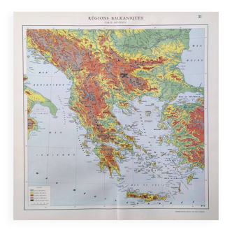 Carte ancienne régions Balkaniques Grèce Crète 43x43cm de 1950