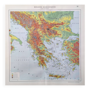 Old map of the Balkan regions Greece Crete 43x43cm from 1950