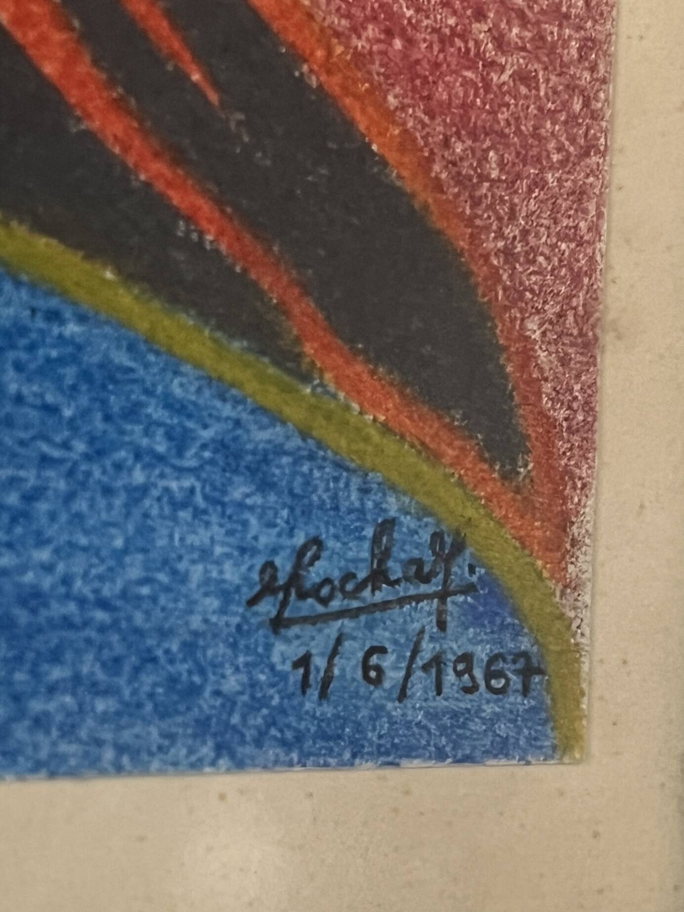 Vintage pastel cubist still life painting under glass and signed from 1967.