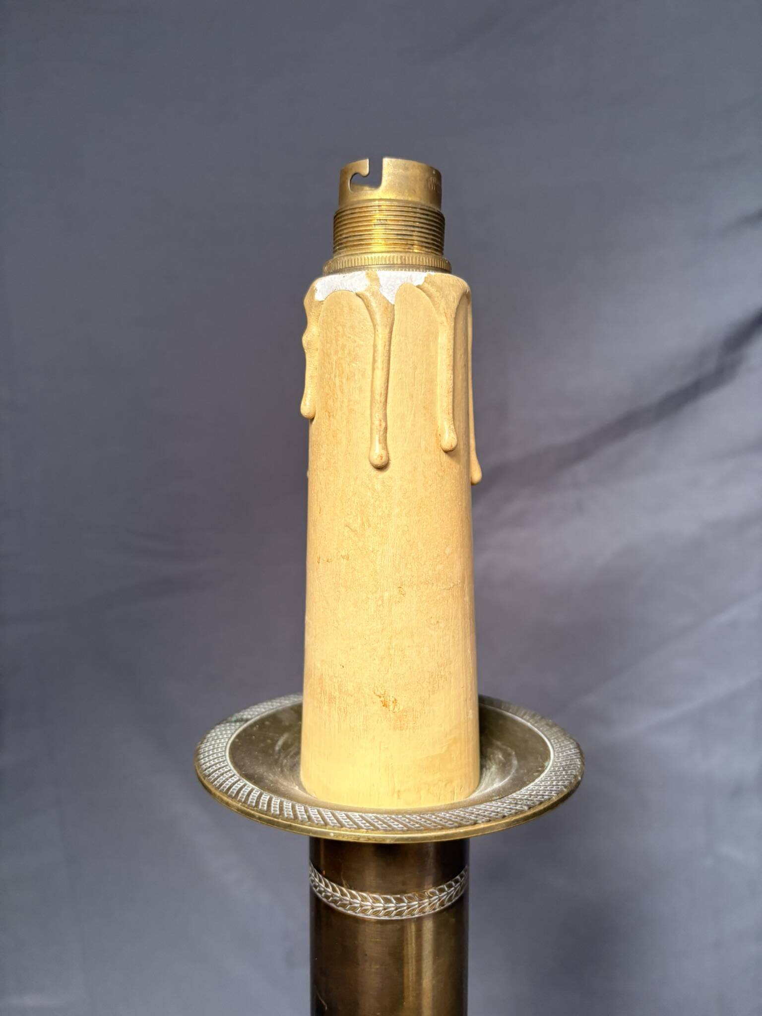 Antique Empire Column Lamp Base, Gilded Brass, Green Candle Holder Chandelier